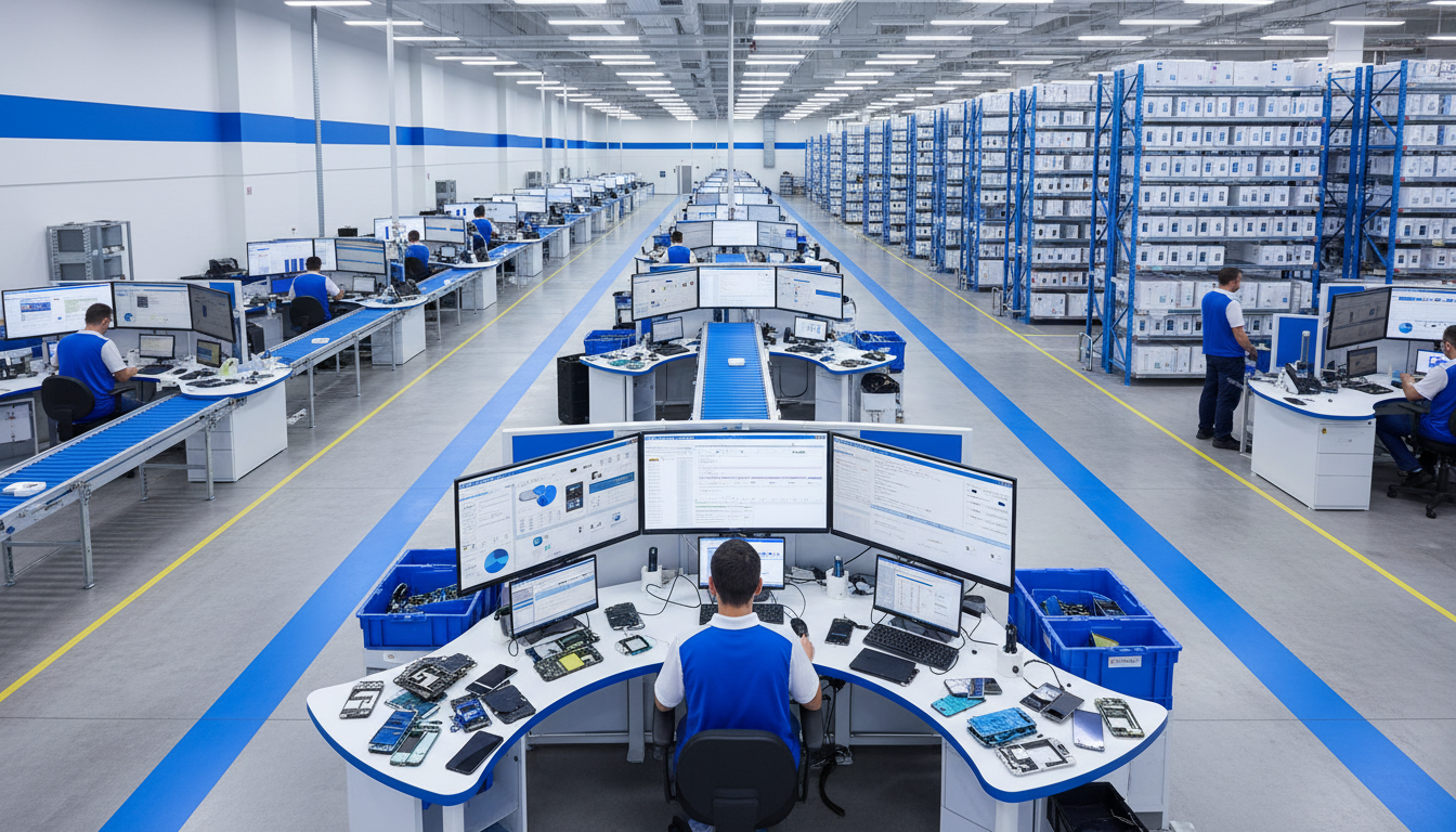ITAD-Mitarbeiter verarbeitet mobile Geräte an einer Teststation